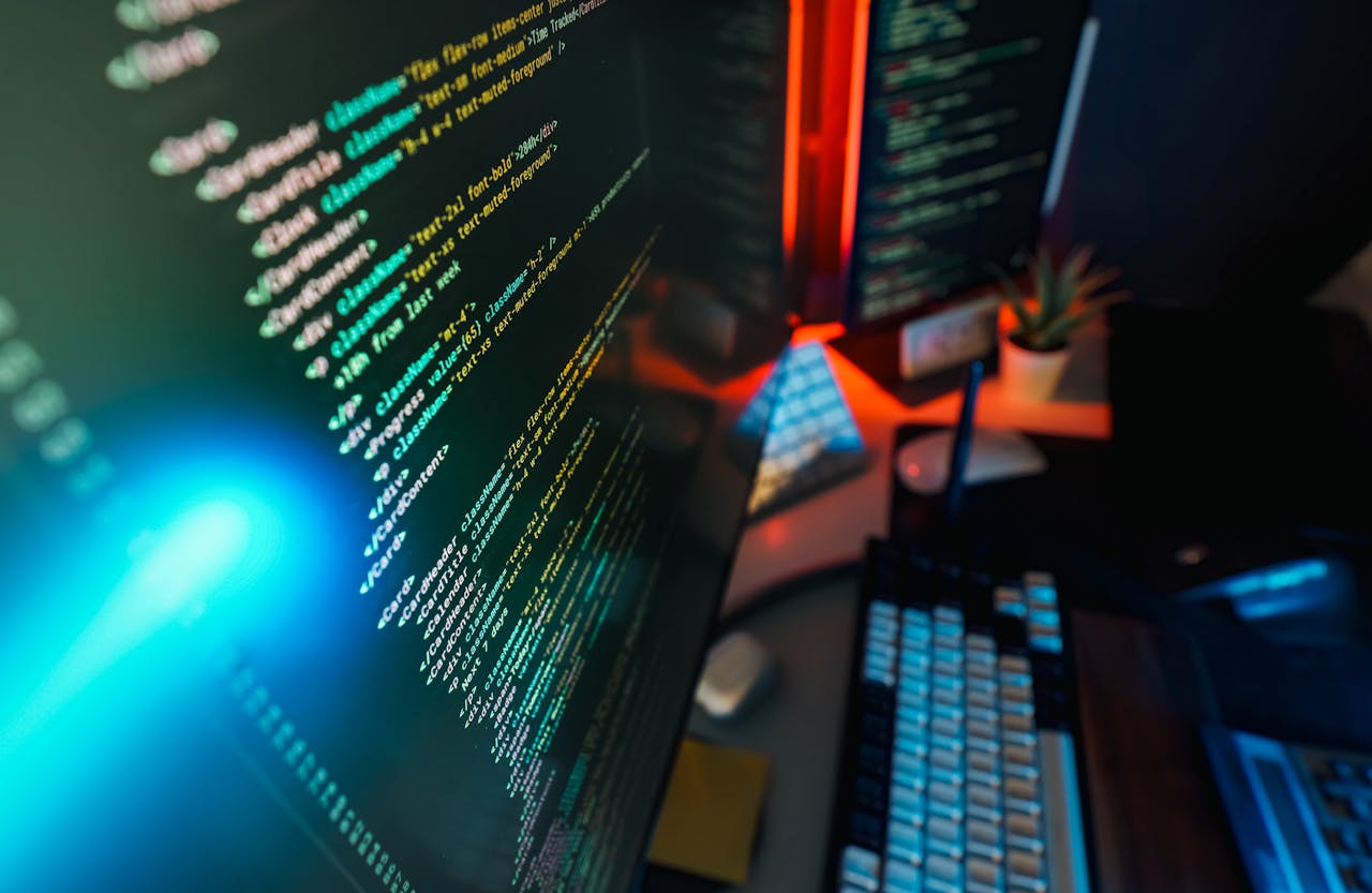 futuristic-workspace-with-coding-on-monitor-33433724