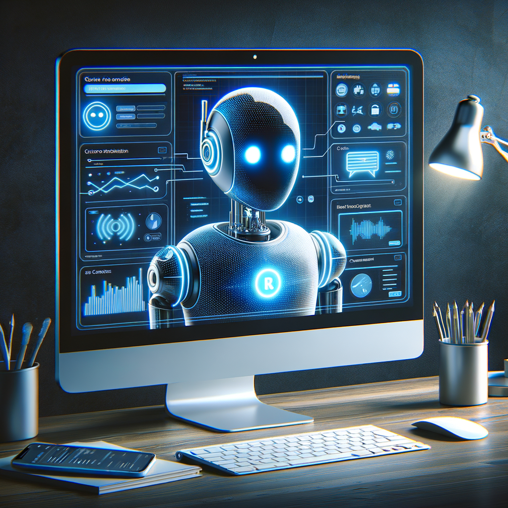 A sleek computer setup displaying a holographic robot interface with glowing elements and data analytics, symbolizing advanced technology.