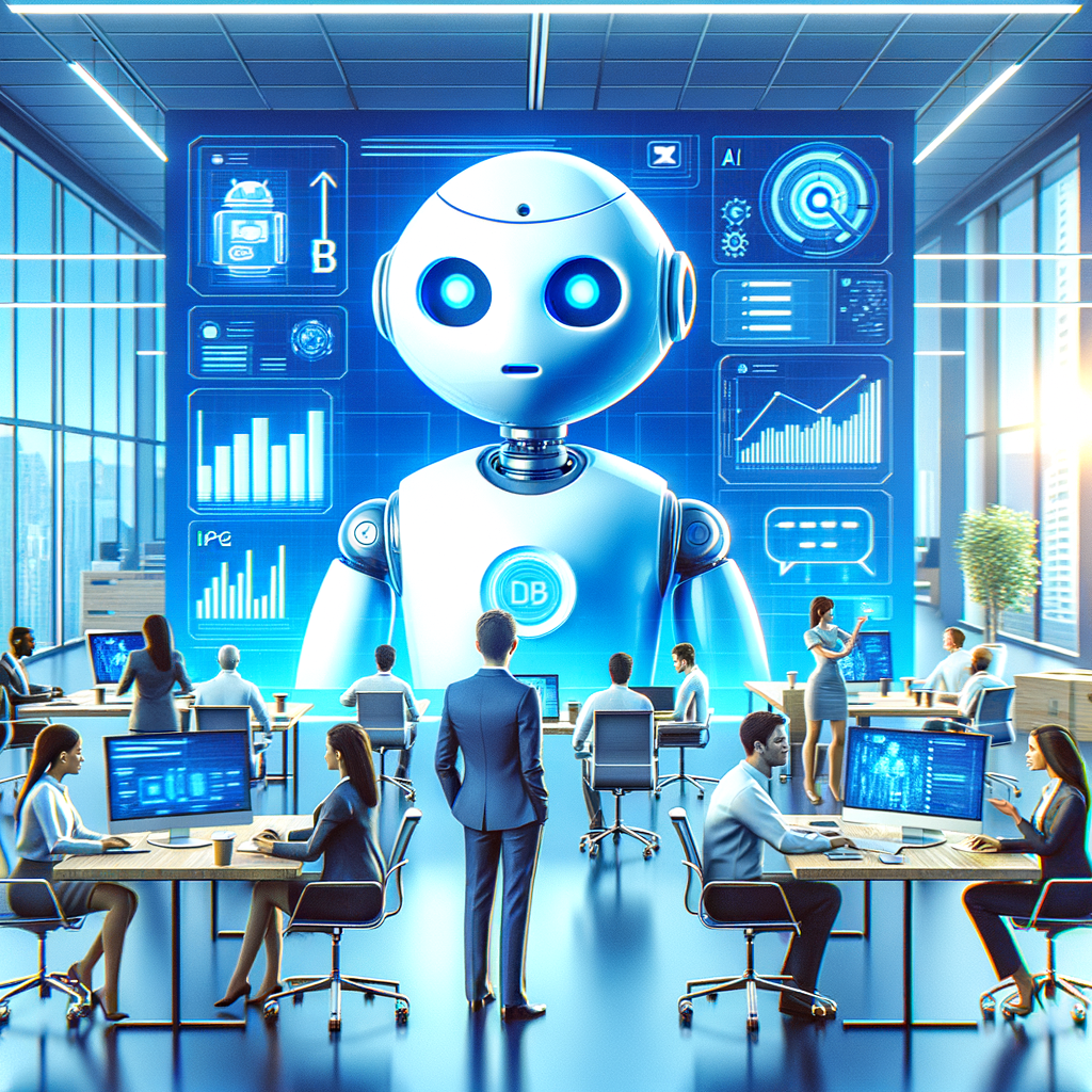 A futuristic office scene featuring a humanoid robot integrated into business operations. Workers engage with advanced technology while benefiting from AI insights displayed on screens.